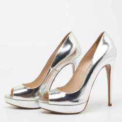 Pre Owned Prada Silver Leather Peep Toe Platform Pumps Size 38
