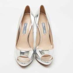 Pre Owned Prada Silver Leather Peep Toe Platform Pumps Size 38