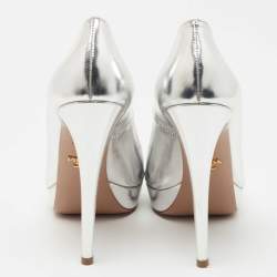 Pre Owned Prada Silver Leather Peep Toe Platform Pumps Size 38