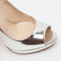 Pre Owned Prada Silver Leather Peep Toe Platform Pumps Size 38