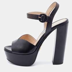Pre Owned Prada Black Leather Platform Block Heel Ankle Strap Sandals Size 38