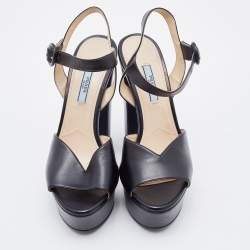 Pre Owned Prada Black Leather Platform Block Heel Ankle Strap Sandals Size 38