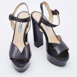Pre Owned Prada Black Leather Platform Block Heel Ankle Strap Sandals Size 38