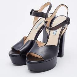 Pre Owned Prada Black Leather Platform Block Heel Ankle Strap Sandals Size 38