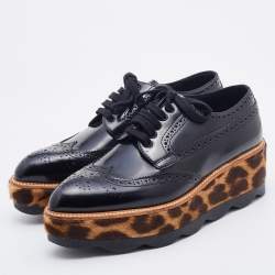 Pre Owned Prada Black Brogue Leather Wingtip Platform Derby Sneakers Size 38