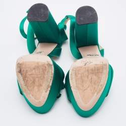 Pre Owned Prada Green Satin Bow Platform Block Heel Ankle Strap Sandals Size 38