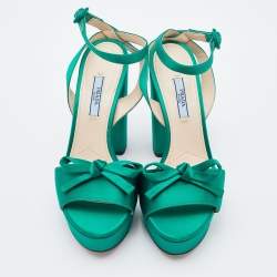 Pre Owned Prada Green Satin Bow Platform Block Heel Ankle Strap Sandals Size 38