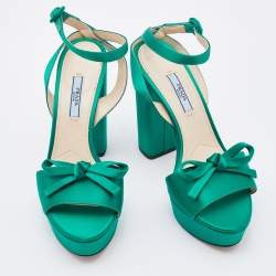 Pre Owned Prada Green Satin Bow Platform Block Heel Ankle Strap Sandals Size 38