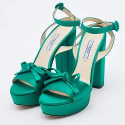 Pre Owned Prada Green Satin Bow Platform Block Heel Ankle Strap Sandals Size 38