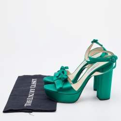 Pre Owned Prada Green Satin Bow Platform Block Heel Ankle Strap Sandals Size 38