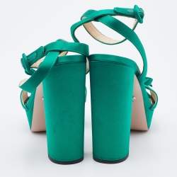 Pre Owned Prada Green Satin Bow Platform Block Heel Ankle Strap Sandals Size 38