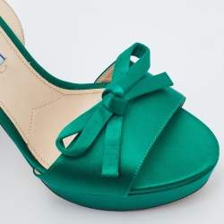Pre Owned Prada Green Satin Bow Platform Block Heel Ankle Strap Sandals Size 38
