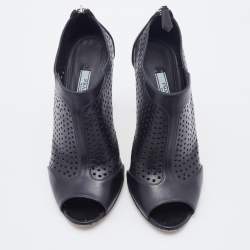 Pre Owned Prada Black Perforated Leather Open Toe Booties Size 37