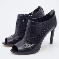 Pre Owned Prada Black Perforated Leather Open Toe Booties Size 37