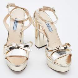 Prada Metallic Leather Bow Platform Block Heel Ankle Strap Sandals Size 38