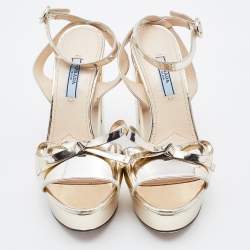 Prada Metallic Leather Bow Platform Block Heel Ankle Strap Sandals Size 38