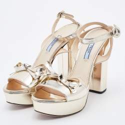 Prada Metallic Leather Bow Platform Block Heel Ankle Strap Sandals Size 38
