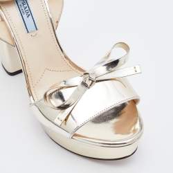 Prada Metallic Leather Bow Platform Block Heel Ankle Strap Sandals Size 38