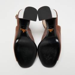 Prada Brown Leather Mirrored Block Heel Sandals Size 35