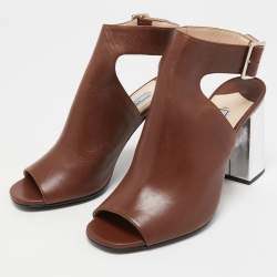 Prada Brown Leather Mirrored Block Heel Sandals Size 35