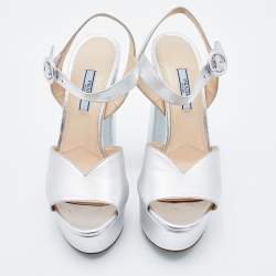 Prada Silver Leather Platform Block Heel Ankle Strap Sandals Size 38