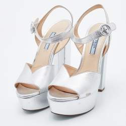 Prada Silver Leather Platform Block Heel Ankle Strap Sandals Size 38
