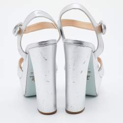 Prada Silver Leather Platform Block Heel Ankle Strap Sandals Size 38