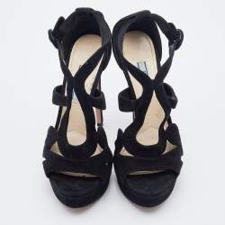 Prada Black Suede Open Toe Baroque Platform Sandals Size 38
