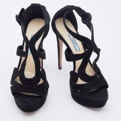 Prada Black Suede Open Toe Baroque Platform Sandals Size 38