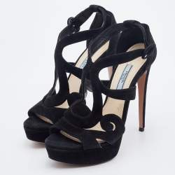 Prada Black Suede Open Toe Baroque Platform Sandals Size 38