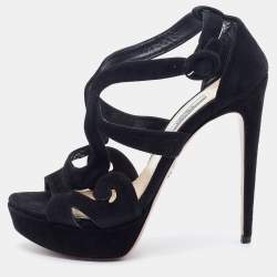 Prada Black Suede Open Toe Baroque Platform Sandals Size 38