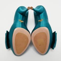 Pre Owned Prada Turquoise Blue Satin Bow Detail Peep Toe Platform Pumps Size 39.5