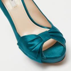 Pre Owned Prada Turquoise Blue Satin Bow Detail Peep Toe Platform Pumps Size 39.5