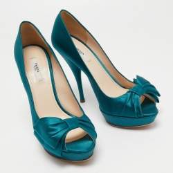 Pre Owned Prada Turquoise Blue Satin Bow Detail Peep Toe Platform Pumps Size 39.5