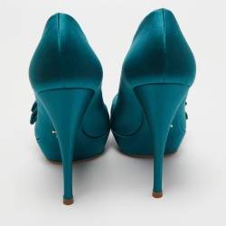 Pre Owned Prada Turquoise Blue Satin Bow Detail Peep Toe Platform Pumps Size 39.5