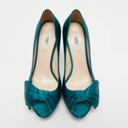 Pre Owned Prada Turquoise Blue Satin Bow Detail Peep Toe Platform Pumps Size 39.5