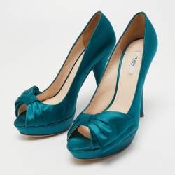 Pre Owned Prada Turquoise Blue Satin Bow Detail Peep Toe Platform Pumps Size 39.5