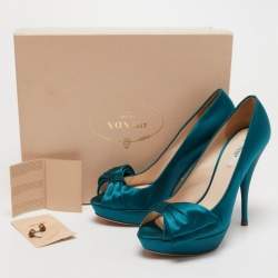 Pre Owned Prada Turquoise Blue Satin Bow Detail Peep Toe Platform Pumps Size 39.5