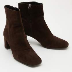 Prada Dark Brown Suede Block Heel Ankle Length Boots Size 38.5