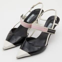 Prada White/Black Leather and Rubber Trim Pointed Toe Slingback Pumps Size 37.5