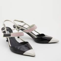 Prada White/Black Leather and Rubber Trim Pointed Toe Slingback Pumps Size 37.5