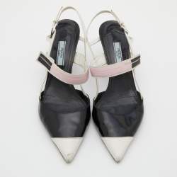 Prada White/Black Leather and Rubber Trim Pointed Toe Slingback Pumps Size 37.5