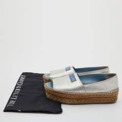 Pre Owned Prada Metallic Silver Leather Open Toe Platform Espadrille Flats Size 36