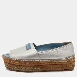 Pre Owned Prada Metallic Silver Leather Open Toe Platform Espadrille Flats Size 36