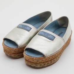 Pre Owned Prada Metallic Silver Leather Open Toe Platform Espadrille Flats Size 36