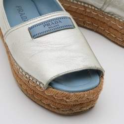 Pre Owned Prada Metallic Silver Leather Open Toe Platform Espadrille Flats Size 36