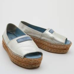 Pre Owned Prada Metallic Silver Leather Open Toe Platform Espadrille Flats Size 36