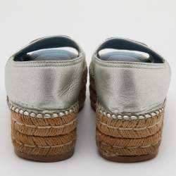 Pre Owned Prada Metallic Silver Leather Open Toe Platform Espadrille Flats Size 36