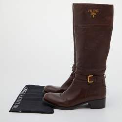 Pre Owned Prada Dark Brown Leather Knee Length Boots Size 38