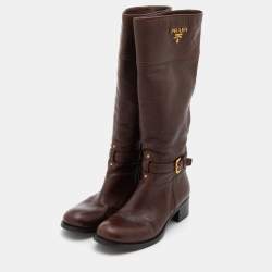 Pre Owned Prada Dark Brown Leather Knee Length Boots Size 38